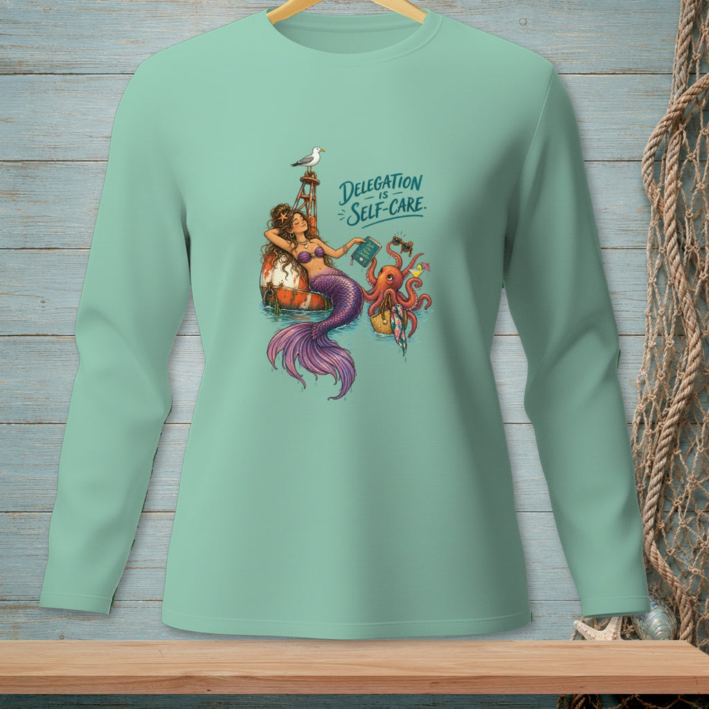 Mermaid with octopus and seagull, with text "Delegation is Self-Care."