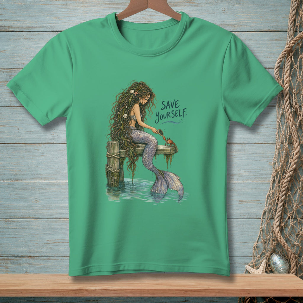 Mermaid with long hair combing a crab, with text "Save Yourself."