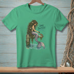 Mermaid with long hair combing a crab, with text "Save Yourself."
