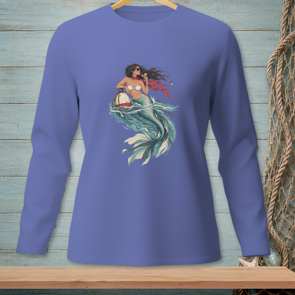 Mermaid holding cocktail and buoy on blue long-sleeve shirt.