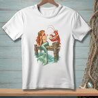 Mermaid sitting on a dock with a lobster offering a pearl from an oyster.
