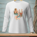 Mermaid with octopus and seagull holding a drink on a buoys, printed on a white long-sleeve shirt.