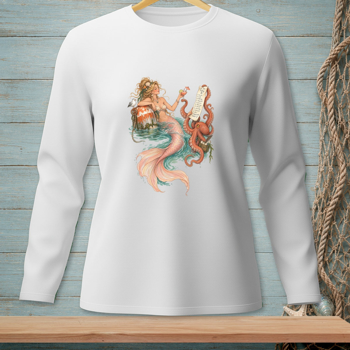 Mermaid with octopus and seagull holding a drink on a buoys, printed on a white long-sleeve shirt.