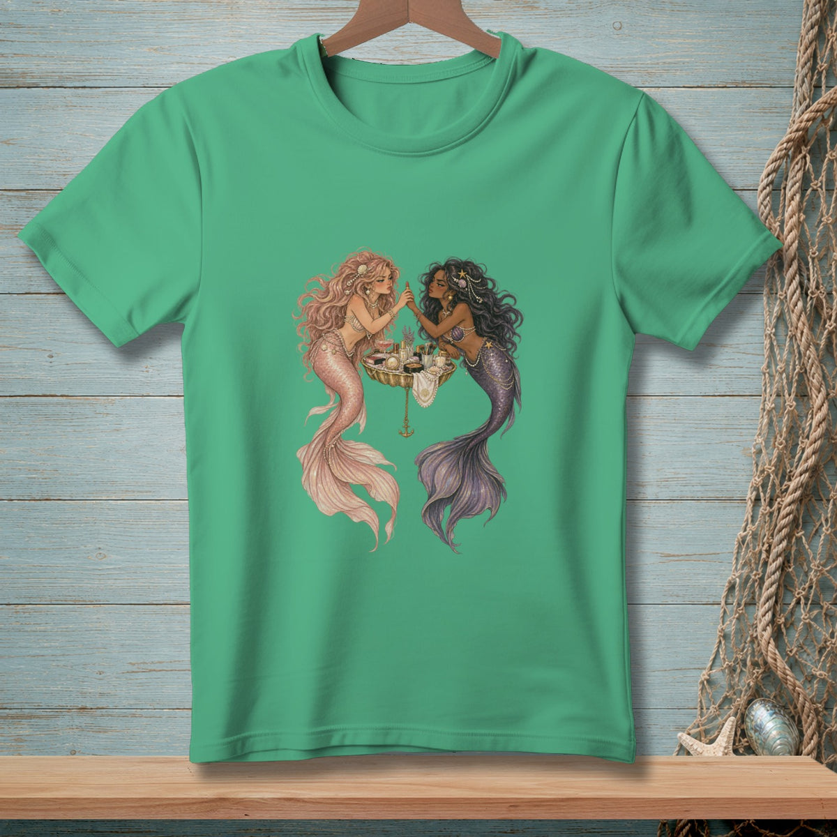 Two mermaids applying makeup at a table with shells and pearls.