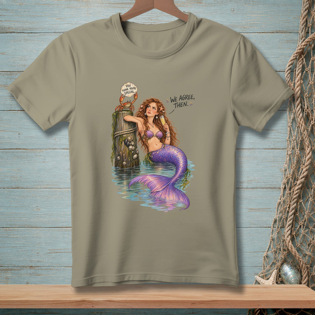 Mermaid with purple tail and a crab on a post with text bubbles.