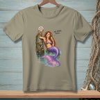 Mermaid with purple tail and a crab on a post with text bubbles.