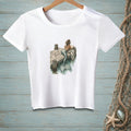 White t-shirt with a mermaid reading on a dock, text "Current Mood."