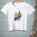 White t-shirt with a mermaid reading on a dock, text "Current Mood."