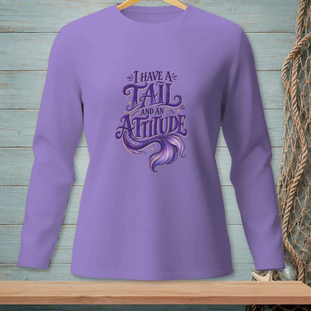 Long-sleeved lavender shirt with "I Have A Tail And An Attitude" text and mermaid tail graphic.
