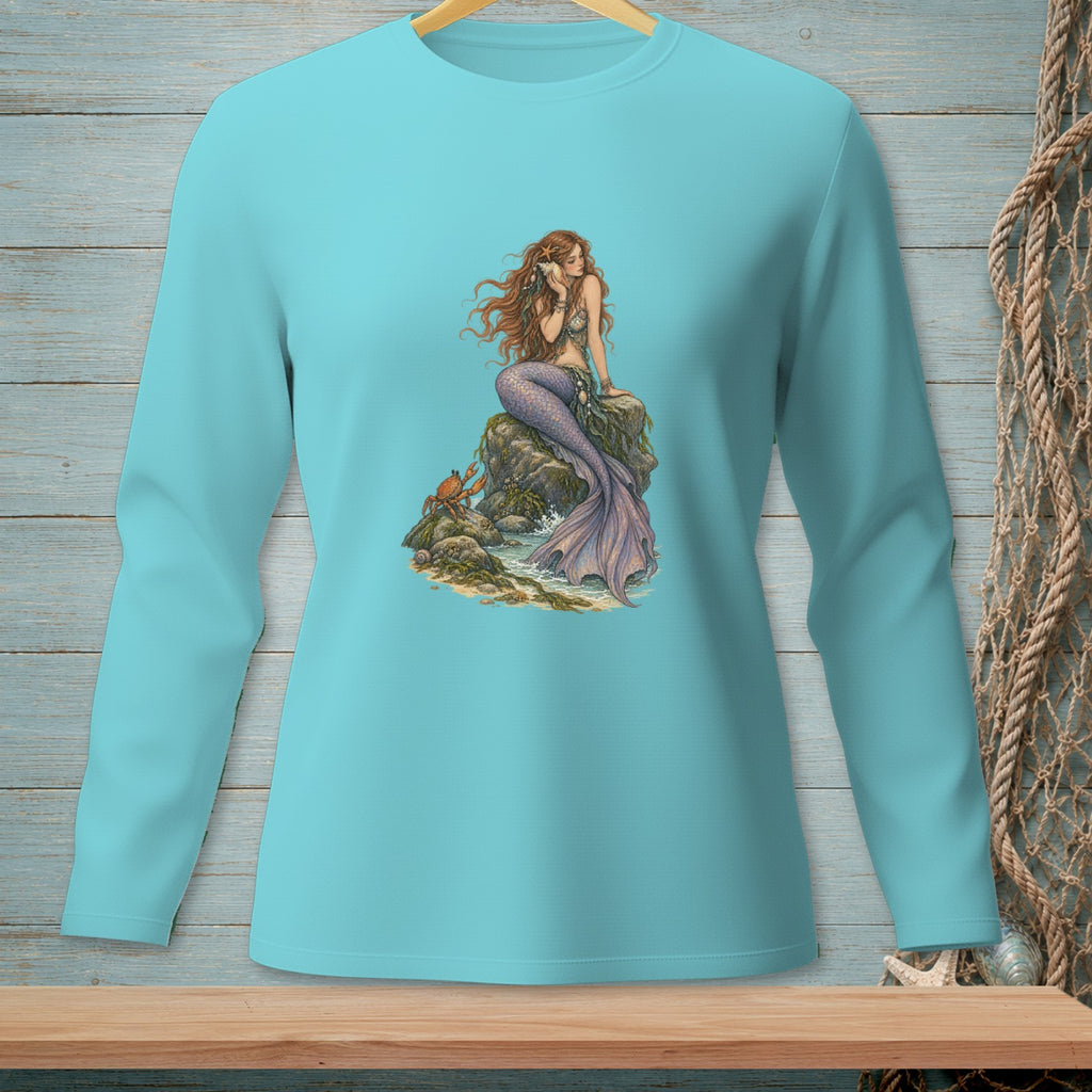 Long-sleeve aqua t-shirt with illustration of a mermaid on rocks with a crab.