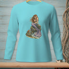 Long-sleeve aqua t-shirt with illustration of a mermaid on rocks with a crab.