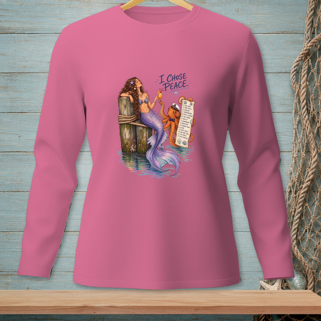 Mermaid and octopus with "I Chose Peace" and checklist on pink long-sleeve shirt.