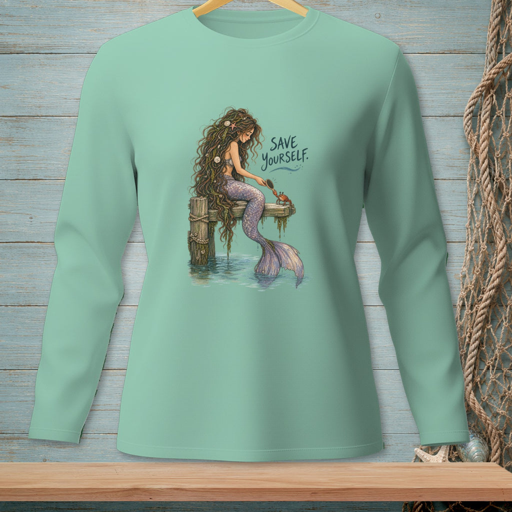 Mermaid sitting on a dock with text "SAVE YOURSELF."