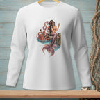 Mermaid with octopus and seashell on a wooden dock, featured on white long-sleeved shirt.