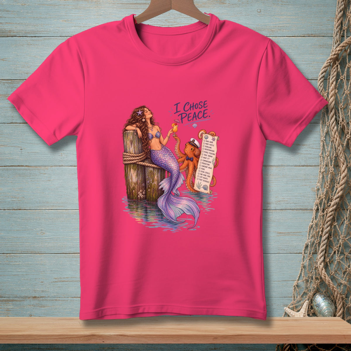 Mermaid and octopus on a dock with a checklist titled "I Chose Peace."
