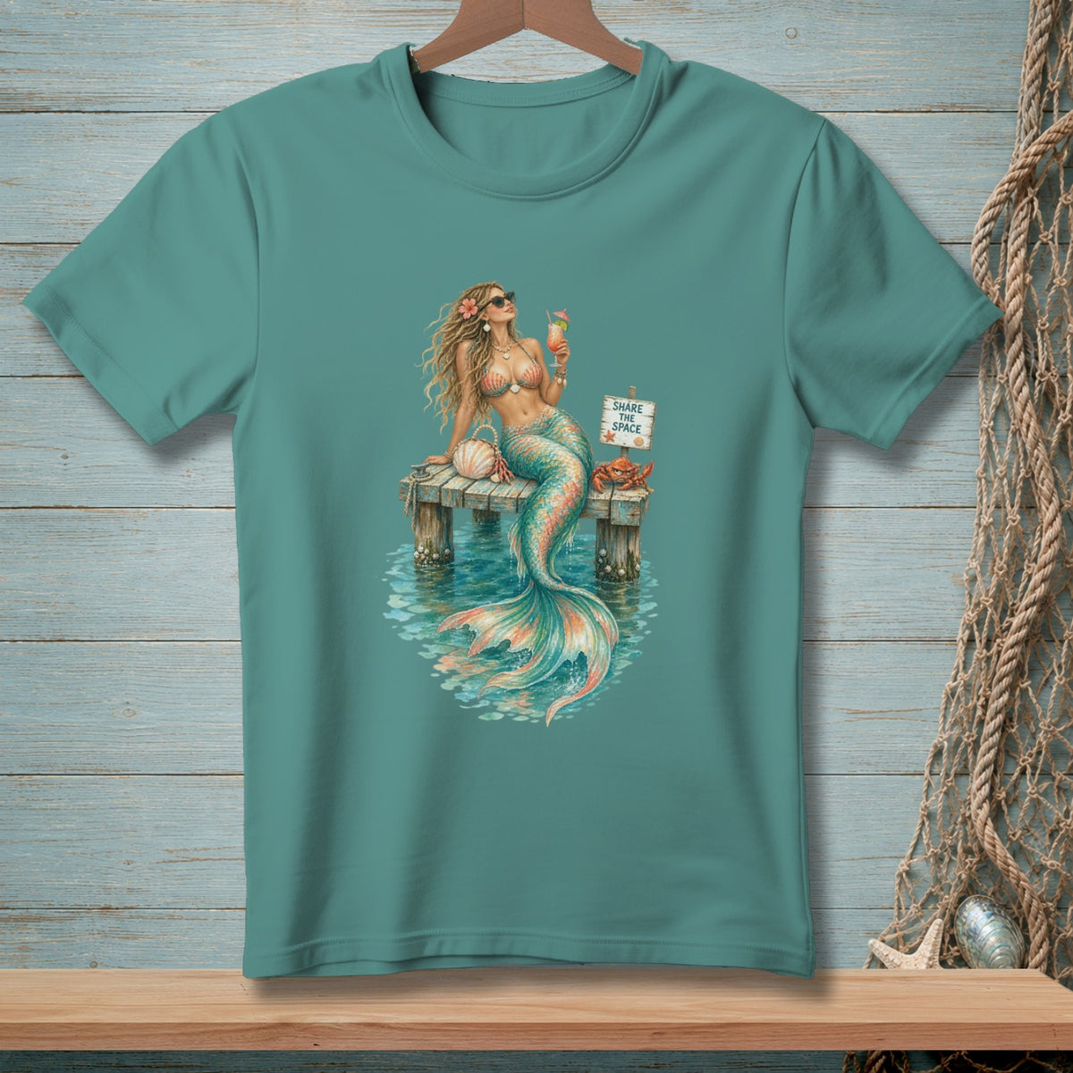 Mermaid with cocktail and crab on pier, "Share the Space" sign.