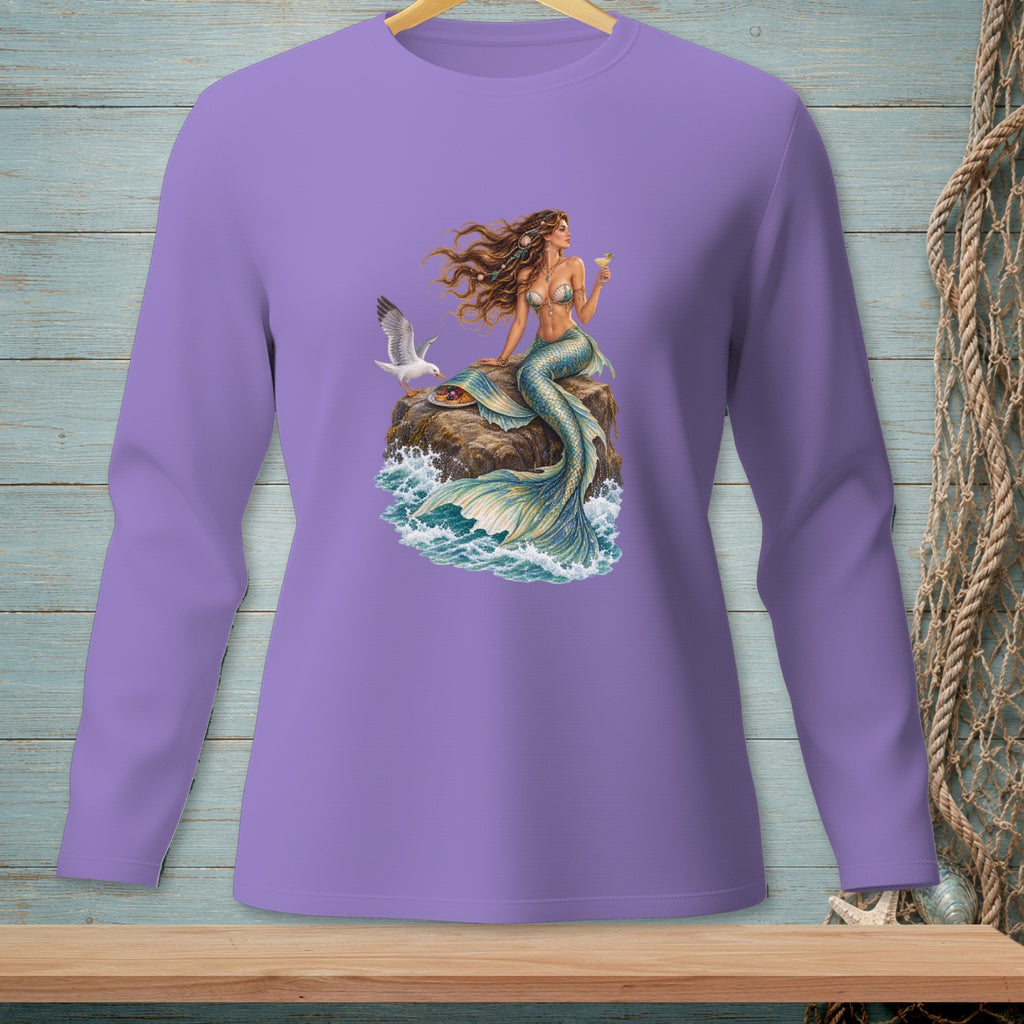 Lavender long-sleeve shirt with mermaid, seagull, and waves graphic.
