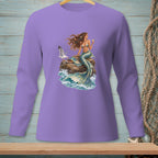 Lavender long-sleeve shirt with mermaid, seagull, and waves graphic.