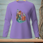 Purple long sleeve shirt with mermaid and octopus design and nautical signs.
