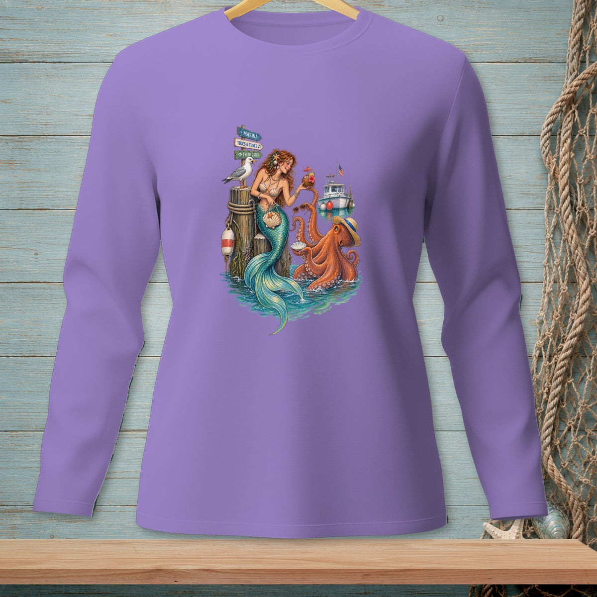 Purple long sleeve shirt with mermaid and octopus design and nautical signs.