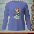 Long-sleeve shirt with mermaid and lobster on a rock with pearls.