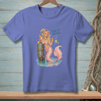 Illustration of a mermaid with pink tail holding a drink next to a wooden post with text "Now I'm READY".