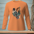 Orange long sleeve shirt with a graphic of a mermaid on a boat at a dock.
