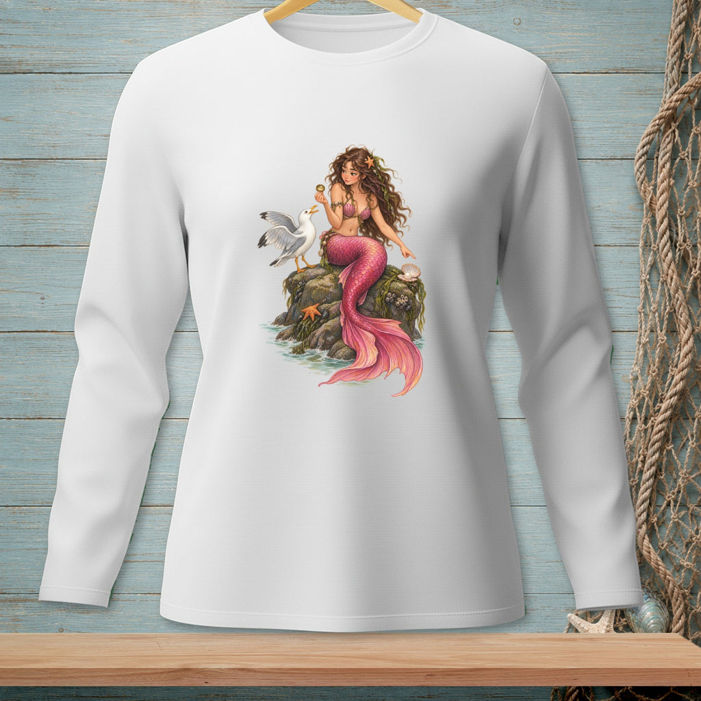 White long-sleeve shirt featuring a mermaid and seagull on a rock.