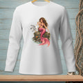 White long-sleeve shirt featuring a mermaid and seagull on a rock.