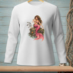 White long-sleeve shirt featuring a mermaid and seagull on a rock.