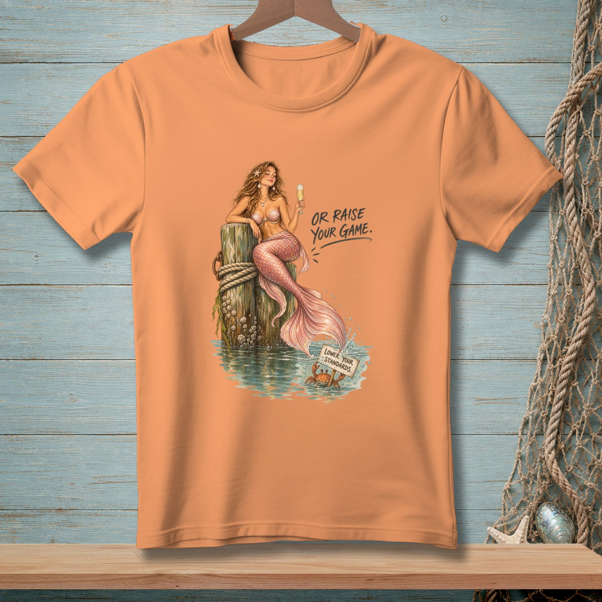 Mermaid on a pier with champagne, text "OR RAISE YOUR GAME."