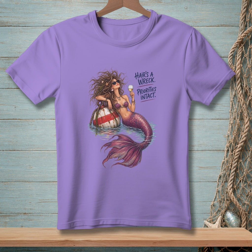 Mermaid with wine glass on buoy, text "Hair's a wreck. Priorities intact."