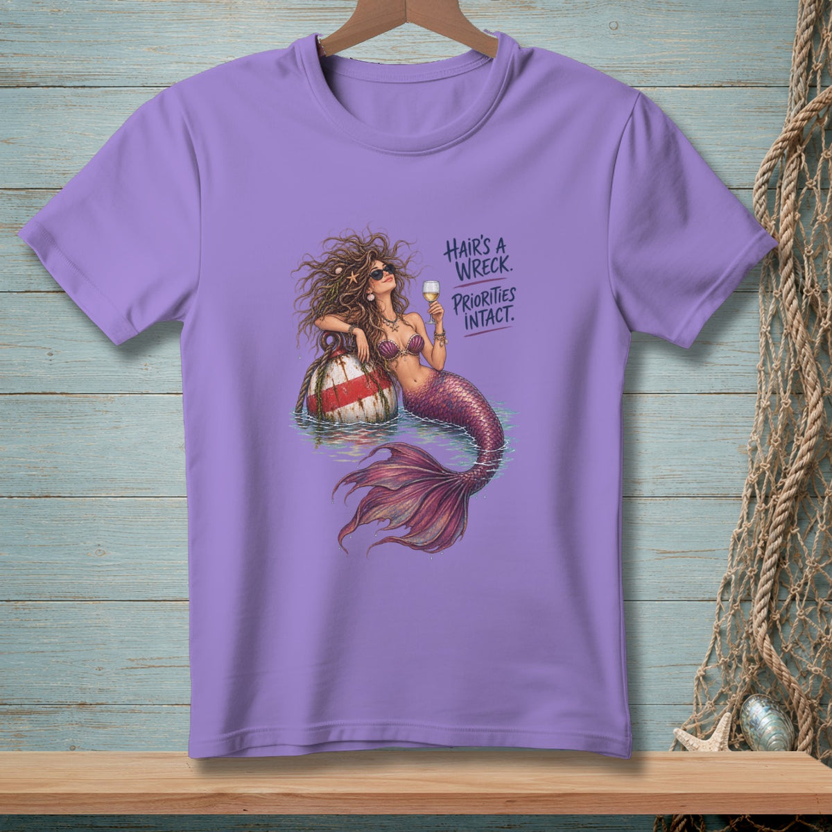 Mermaid with wine glass on buoy, text "Hair's a wreck. Priorities intact."