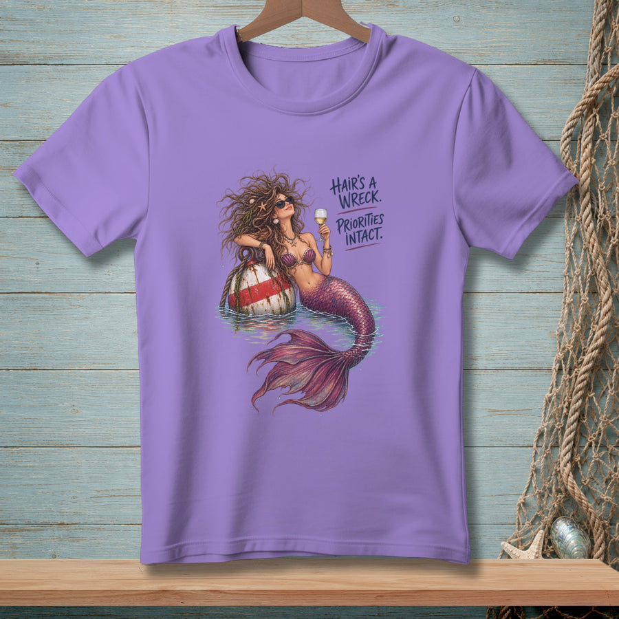 Mermaid with wine glass on buoy, text "Hair's a wreck. Priorities intact."