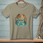 Two mermaids sit on a dock, talking with drinks and food.