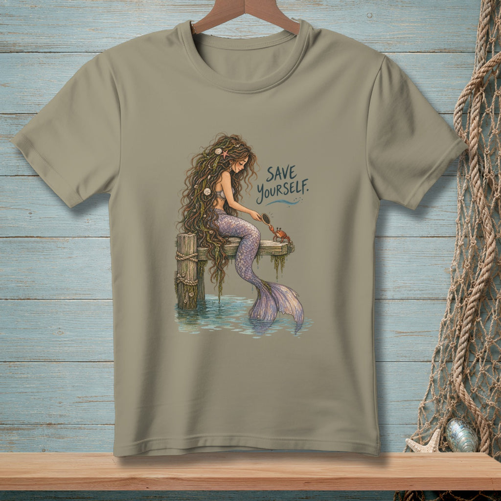 T-shirt with illustration of mermaid brushing a crab, with text "SAVE YOURSELF."