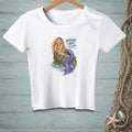 White t-shirt with a graphic of a mermaid on a rock and text "Mermaid Hair Don't Care."