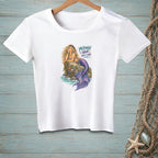 White t-shirt with a graphic of a mermaid on a rock and text "Mermaid Hair Don't Care."