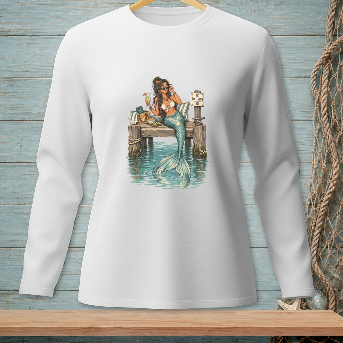 Illustration of a mermaid with a cocktail on a dock with a "No Loitering" sign.