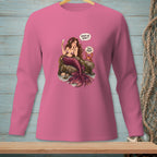 Pink long-sleeve shirt with a mermaid and crab graphic, saying "Based on what? Too much."