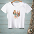 White t-shirt with mermaid and octopus artwork, holding a cocktail and a list.
