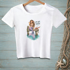 White t-shirt with mermaid, crab, and "I'M OFF DUTY." text.