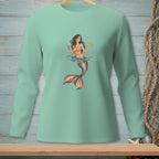 Mermaid holding a cocktail with text "HARD PASS" on a mint long-sleeve shirt.