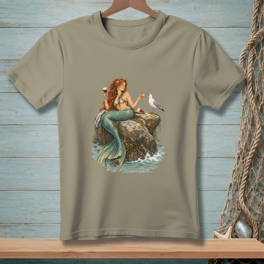 T-shirt graphic: Mermaid with wine glass and food sharing with seagull.