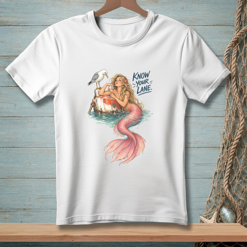 White t-shirt with a mermaid and seagull illustration and text "Know Your Lane".