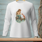 Mermaid with lobster and pearl on a rock by the water with a seashell in her hair.