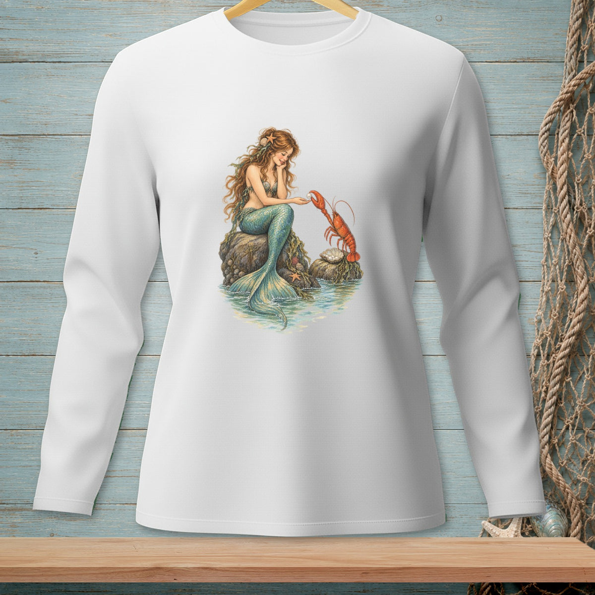 Mermaid with lobster and pearl on a rock by the water with a seashell in her hair.