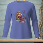 Purple long sleeve shirt featuring a mermaid and lobster graphic with text.