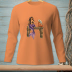 Orange long-sleeve shirt featuring a mermaid holding a fan with a crab on a pier.