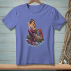 Mermaid with champagne glass and lobster sitting on a rock.